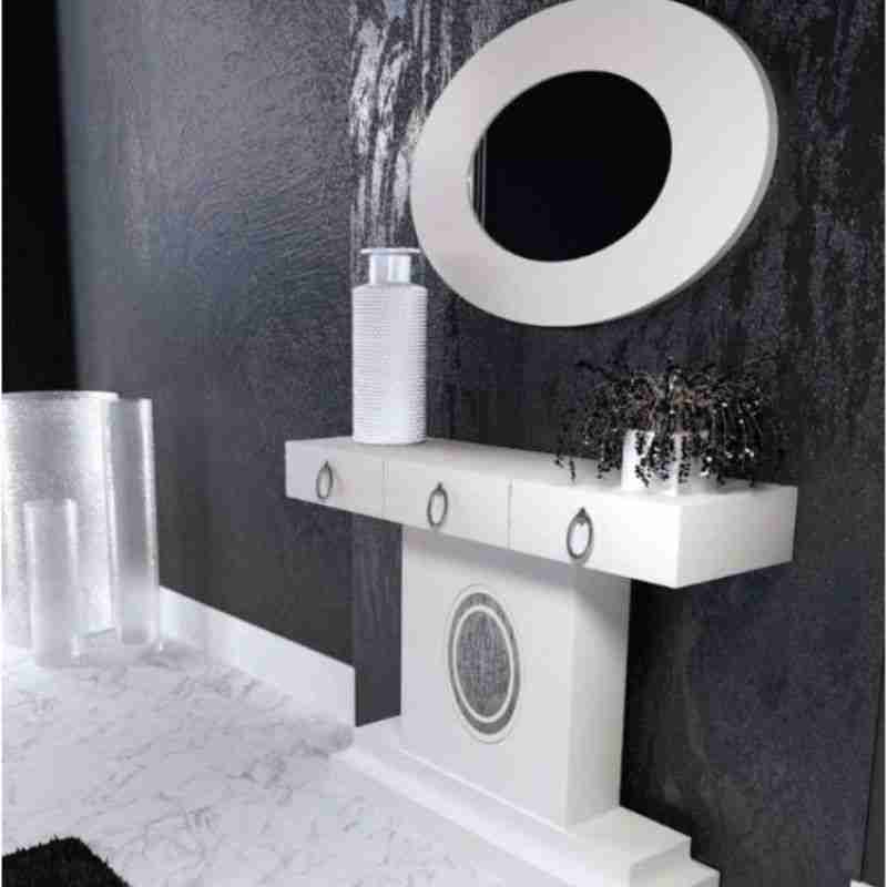 Recibidor madera con puerta 1 consola montada de madera lacada con tres cajones