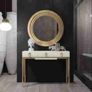 consola montada de madera y tres cajones